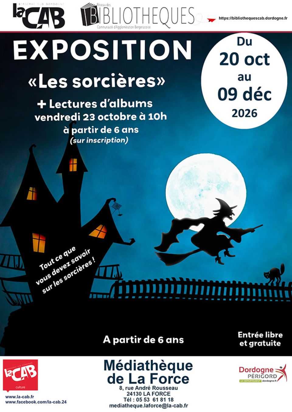 Exposition "Les sorcières" et lectures d'albums à la médiathèque de La Force, vendredi 23 octobre 2026 à 10h, à partir de 6ans (sur inscription)