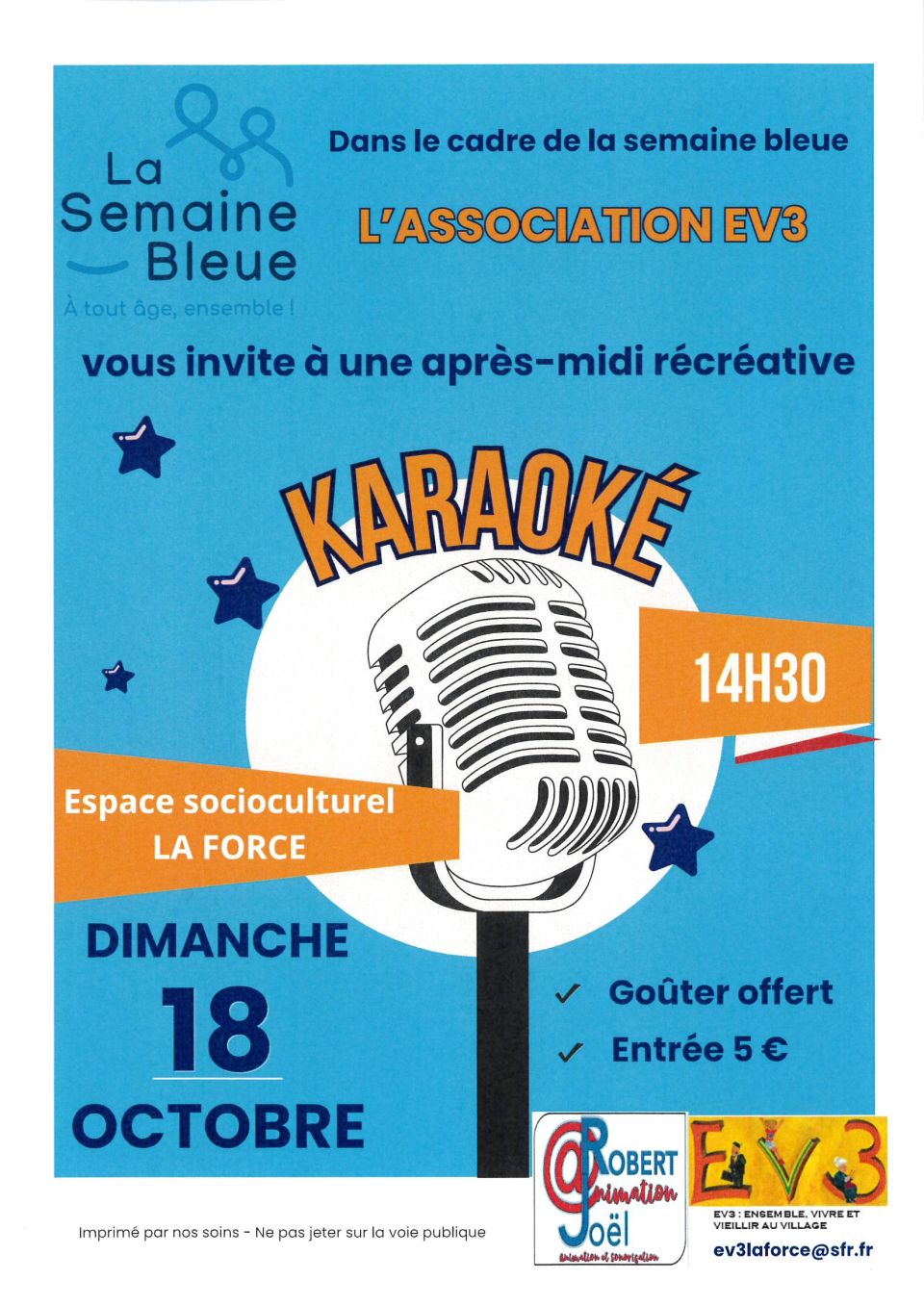 Karaoké à La Force, Espace Socio-Culturel, dimanche 18 octobre 2026, organisé par l'association EV3 : Ensemble, Vivre et Vieillir au Village