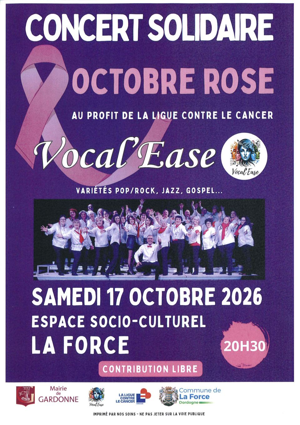 Concert solidaire Octobre rose, au profit de la ligue contre le cancer, "Vocal'Ease", samedi 17 octobre 2026 à l'Espace Socio-Culturel de La Force