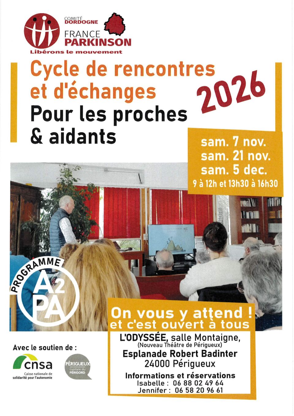 France Parkinson, cycle de rencontres et d'échanges pour les proches et les aidants à Périgueux, les 07 et 21 novembre et le 05 décembre 2026