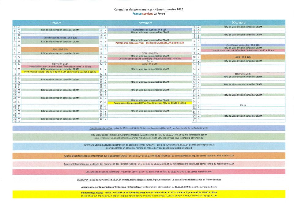 Calendrier des permanences France Services, 4ème trimestre 2026